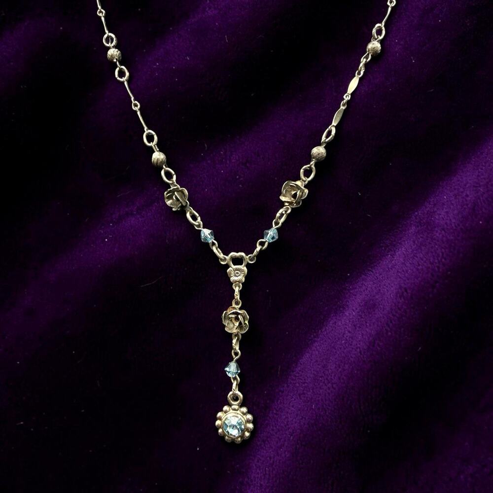 Vintage Austrian USA Crystal Blue Rhinestone Floral Y Drop Necklace 16 Inch